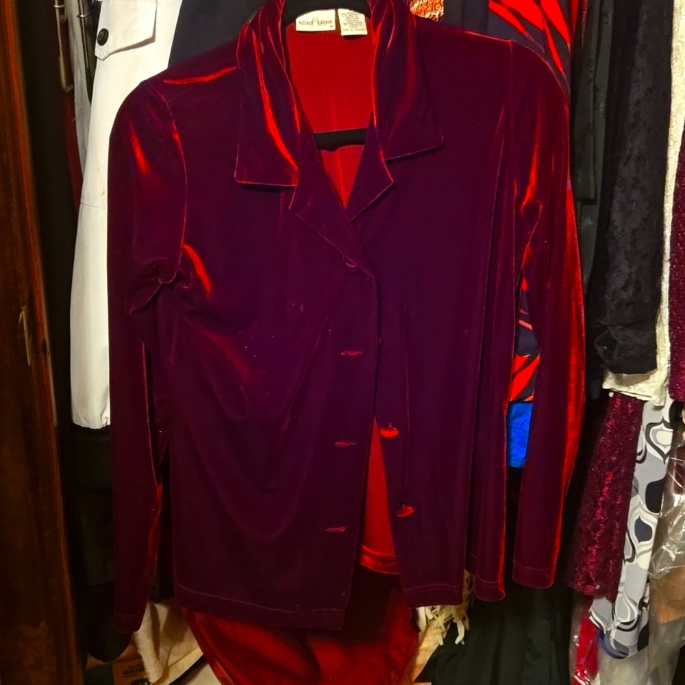 Skirt and pants and long sleeve button down. Maroon velvet shirt and skirt. Silk